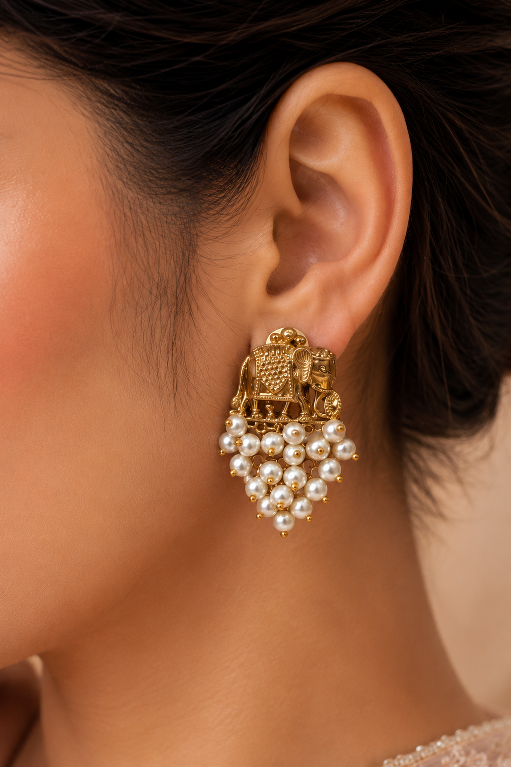 Elephant Motif Pearl Drop Studs