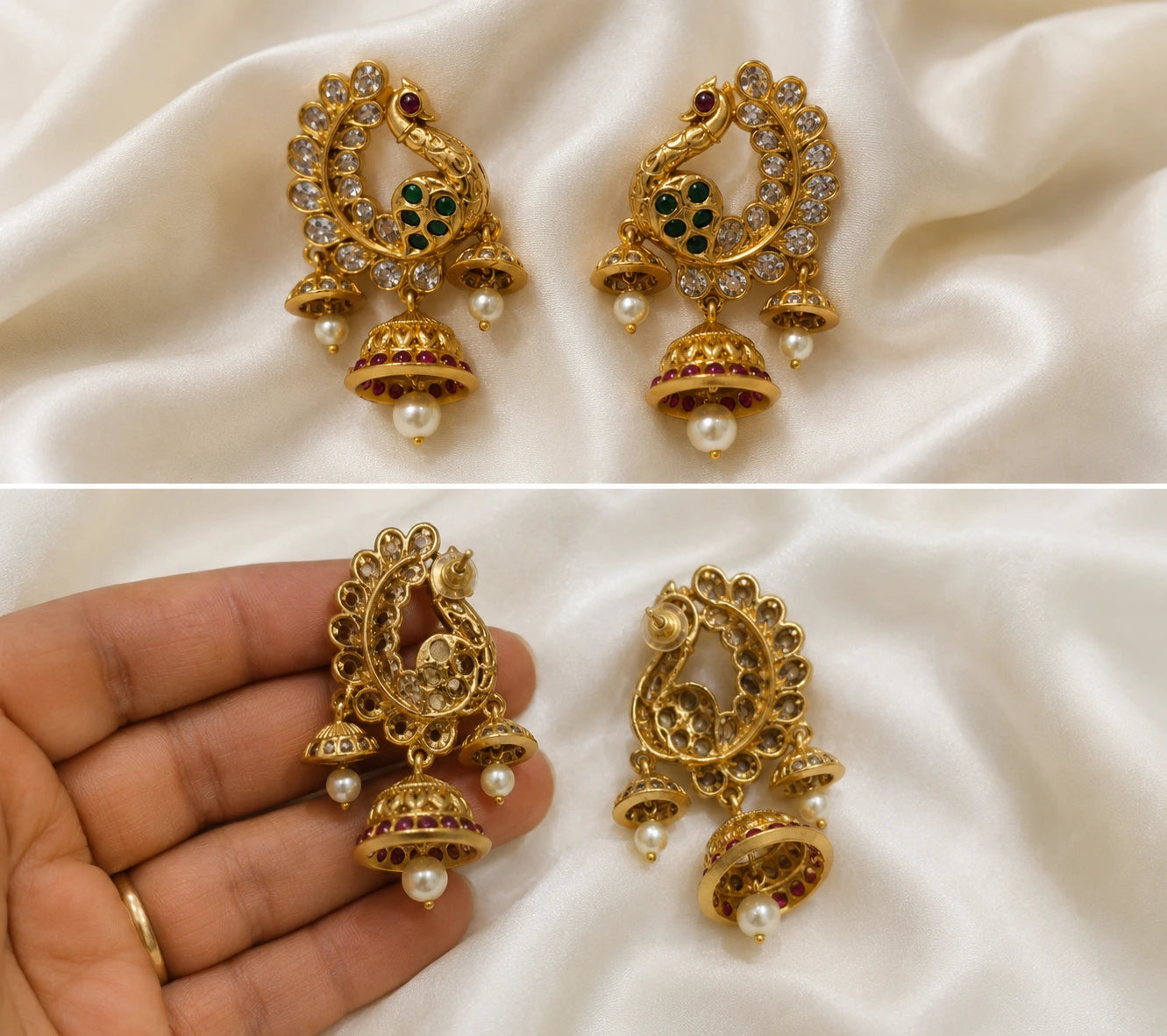 Peacock Design Antique Gold Chandbali Jhumka Earrings with Stone Work