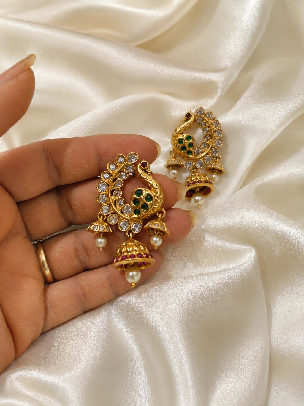 Peacock Design Antique Gold Chandbali Jhumka Earrings with Stone Work