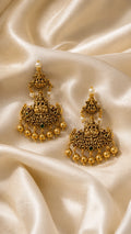 Lakshmi Peacock Antique Gold Earrings with Green Bead & Pearl Drops
