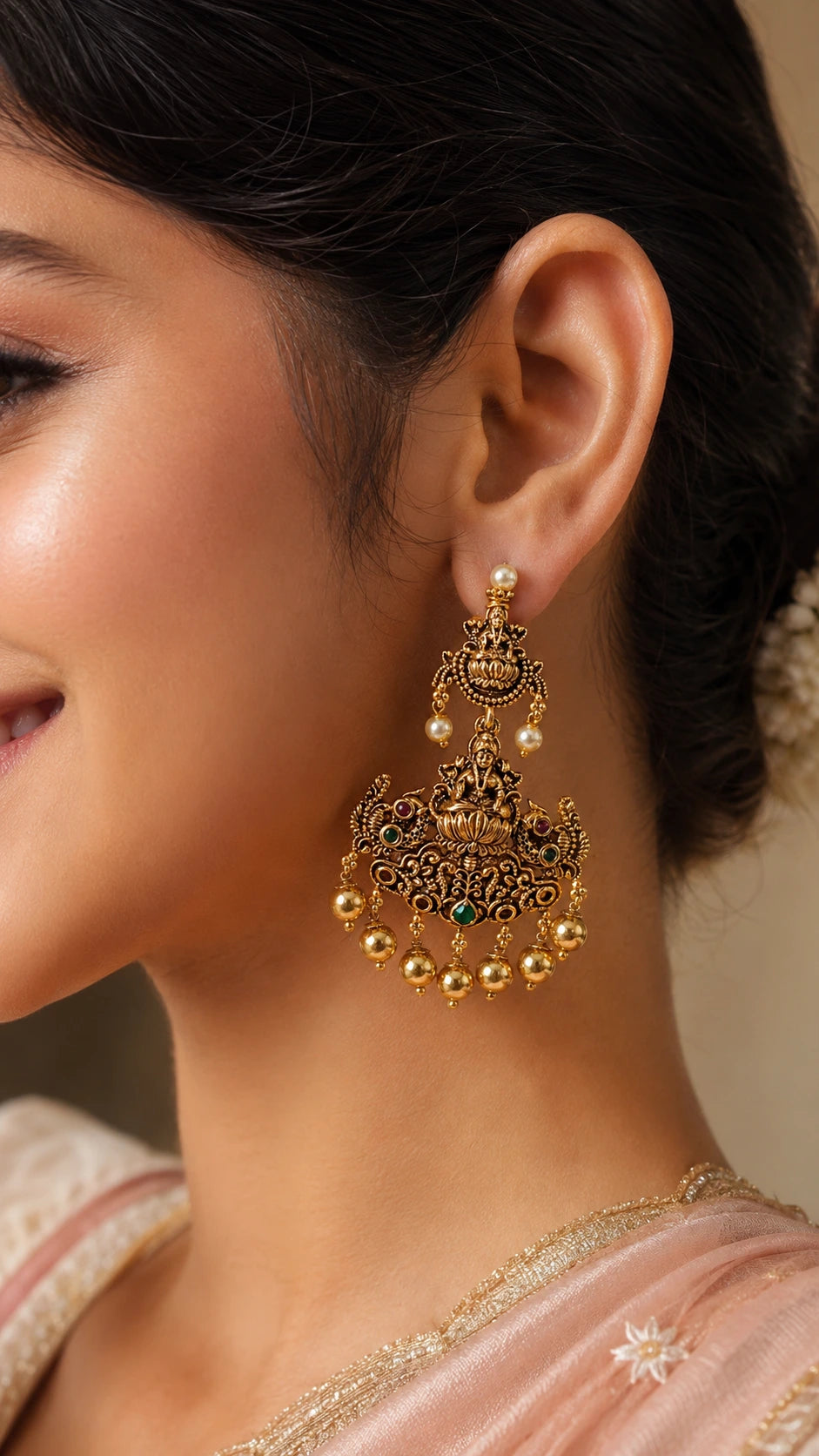 Lakshmi Peacock Antique Gold Earrings with Green Bead & Pearl Drops