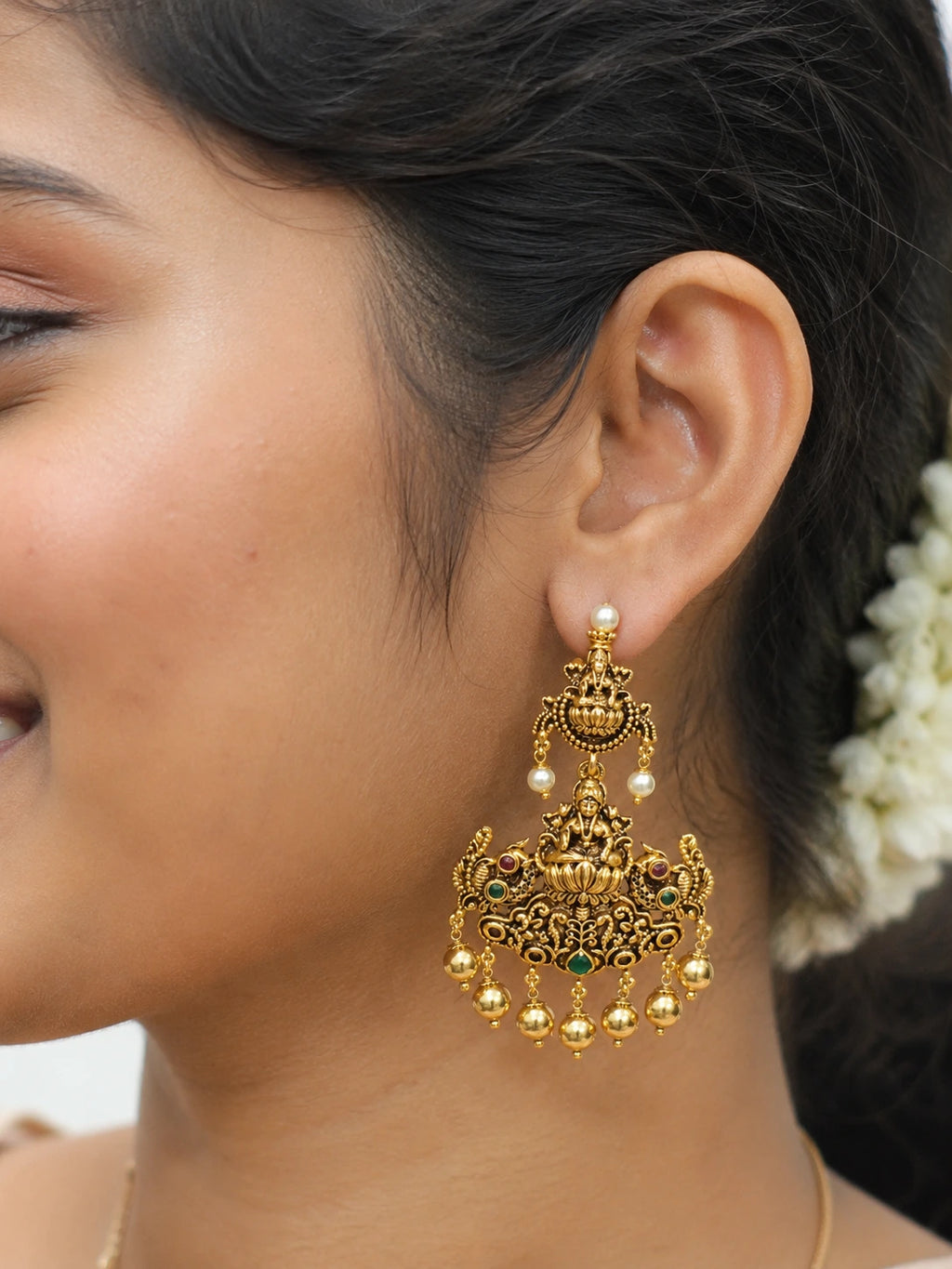 Lakshmi Peacock Antique Gold Earrings with Green Bead & Pearl Drops