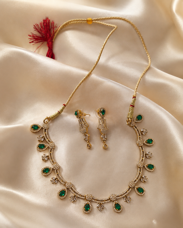 Emerald Green CZ Choker Necklace Set with Earrings