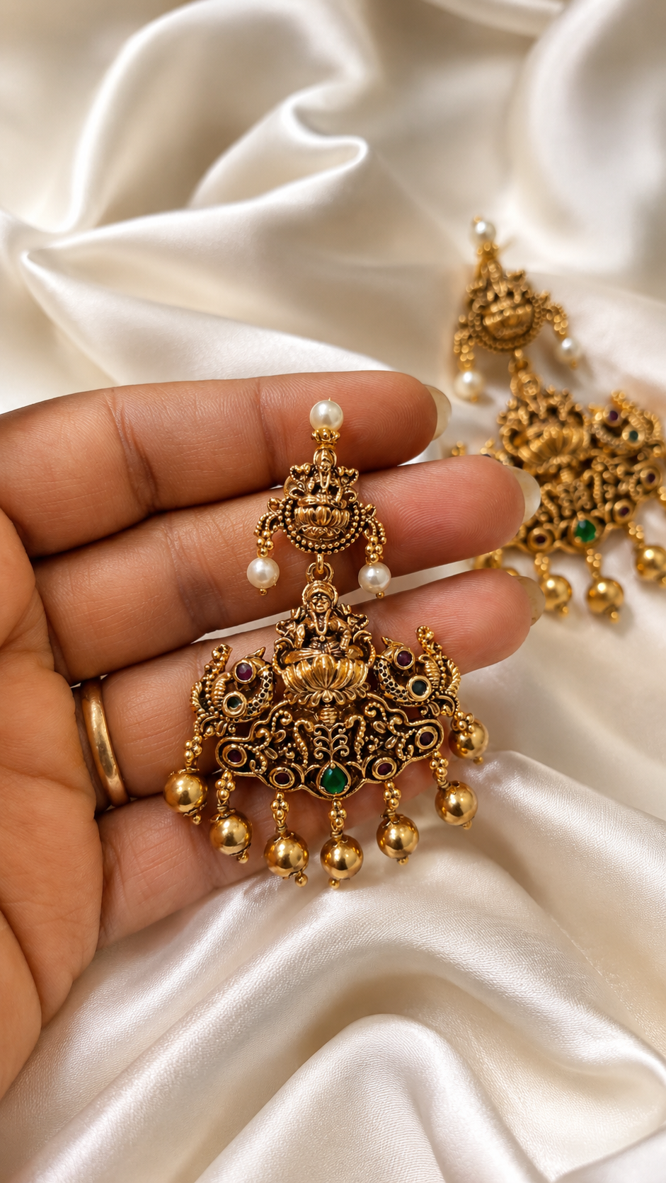 Lakshmi Peacock Antique Gold Earrings with Green Bead & Pearl Drops