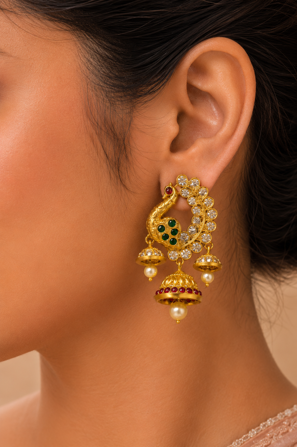 Peacock Design Antique Gold Chandbali Jhumka Earrings with Stone Work