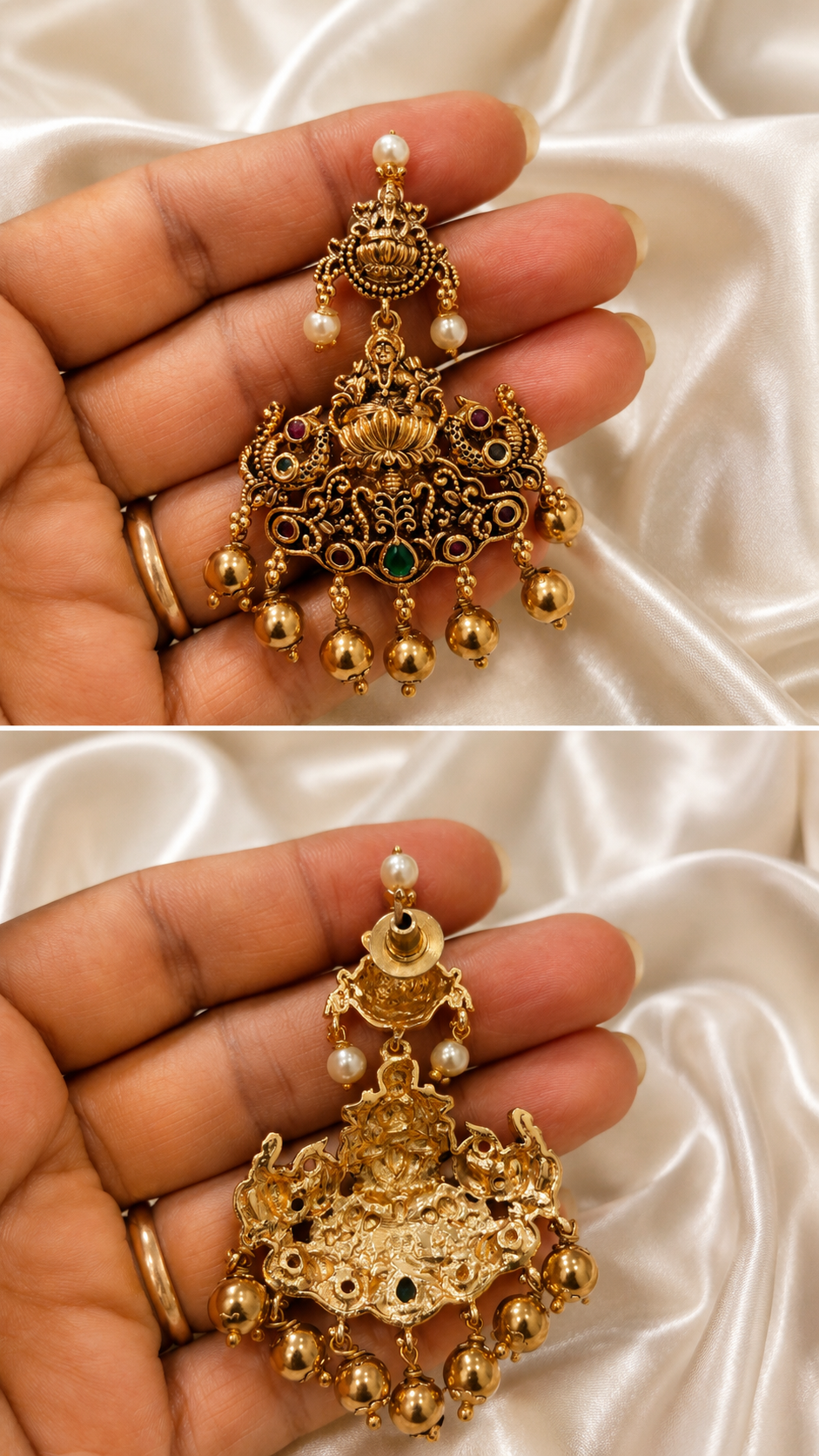 Lakshmi Peacock Antique Gold Earrings with Green Bead & Pearl Drops