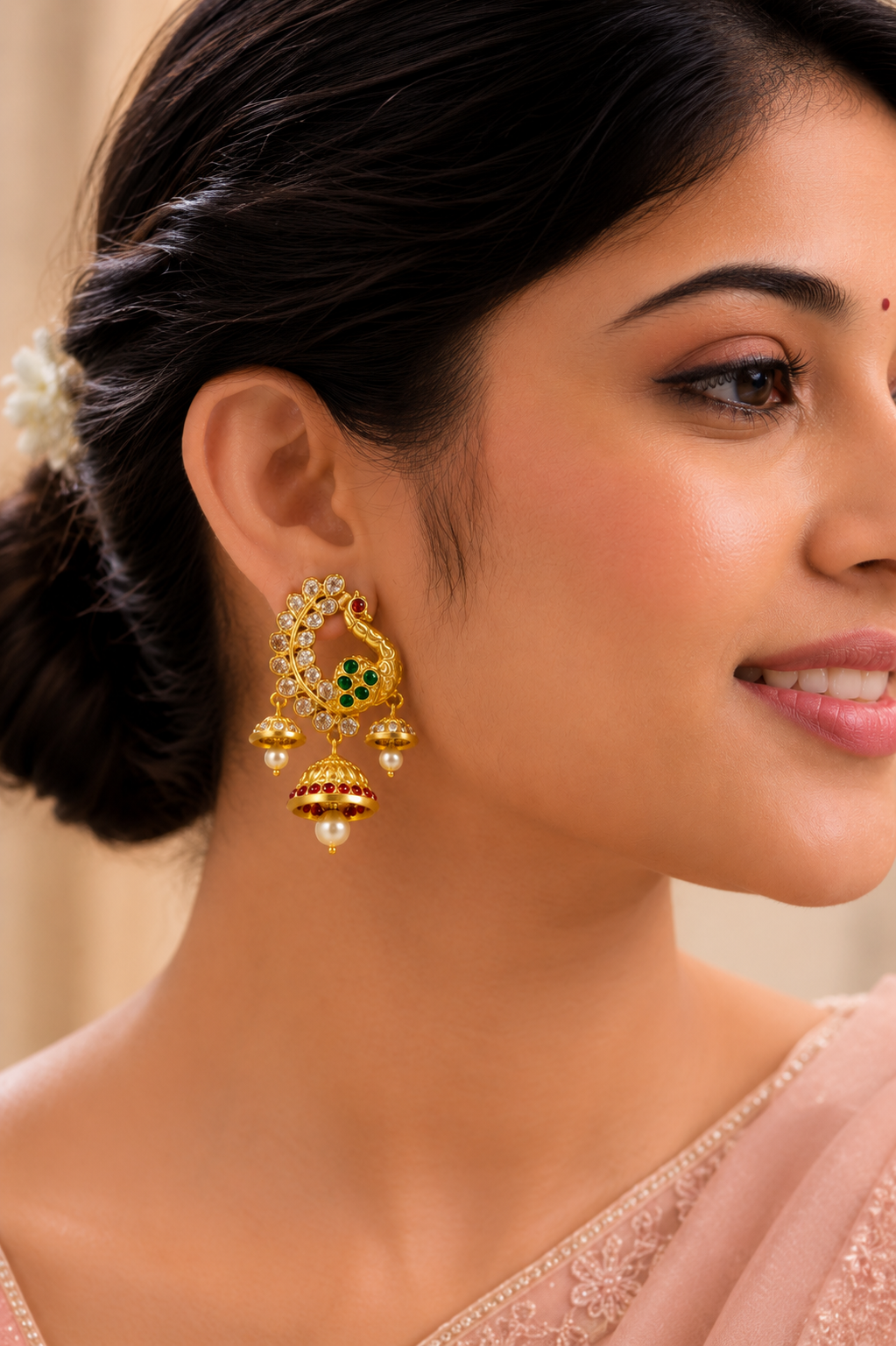Peacock Design Antique Gold Chandbali Jhumka Earrings with Stone Work