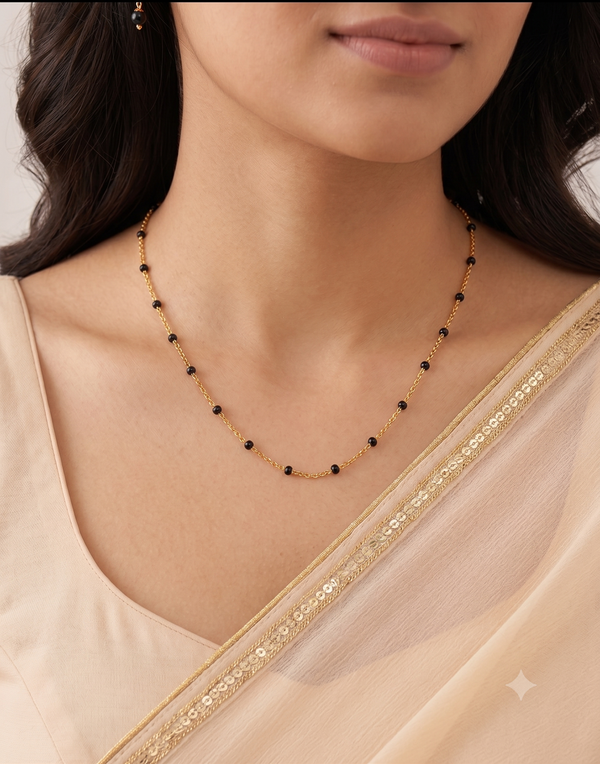 Minimalist Black Bead Station Mangalsutra | Delicate Gold Chain, No Pendant