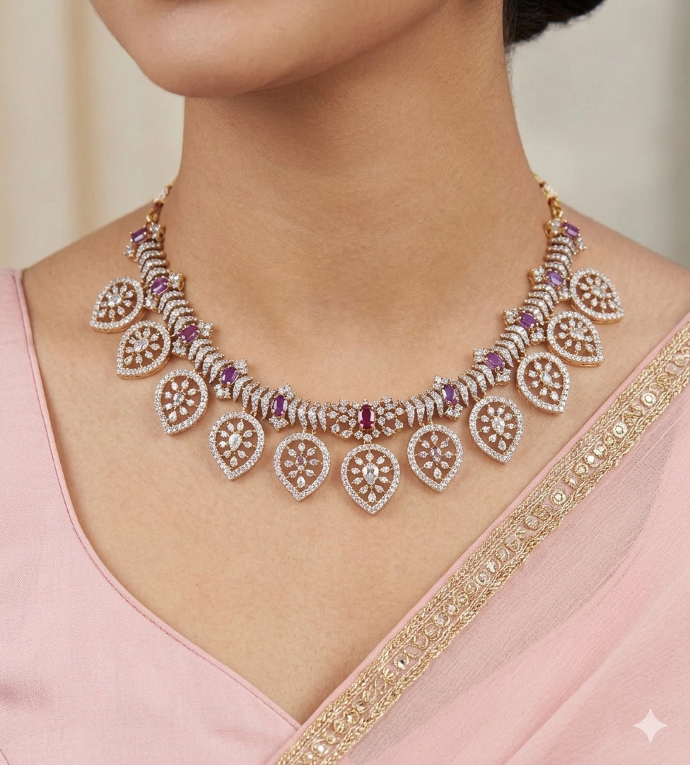 Royal Diamond Finish Statement Necklace Set – Heritage Elegance Collection