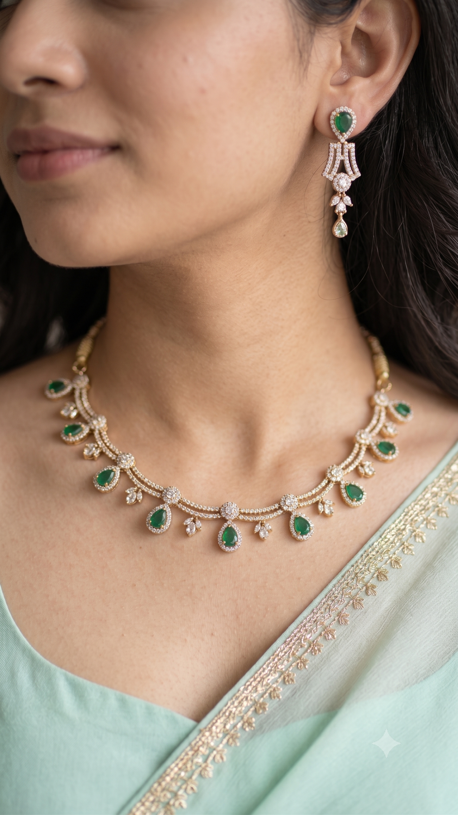 Emerald Green CZ Choker Necklace Set with Earrings