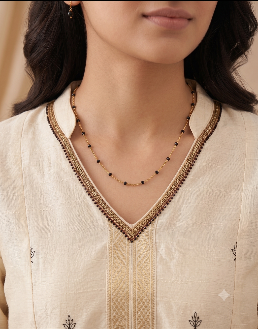 Minimalist Black Bead Station Mangalsutra | Delicate Gold Chain, No Pendant