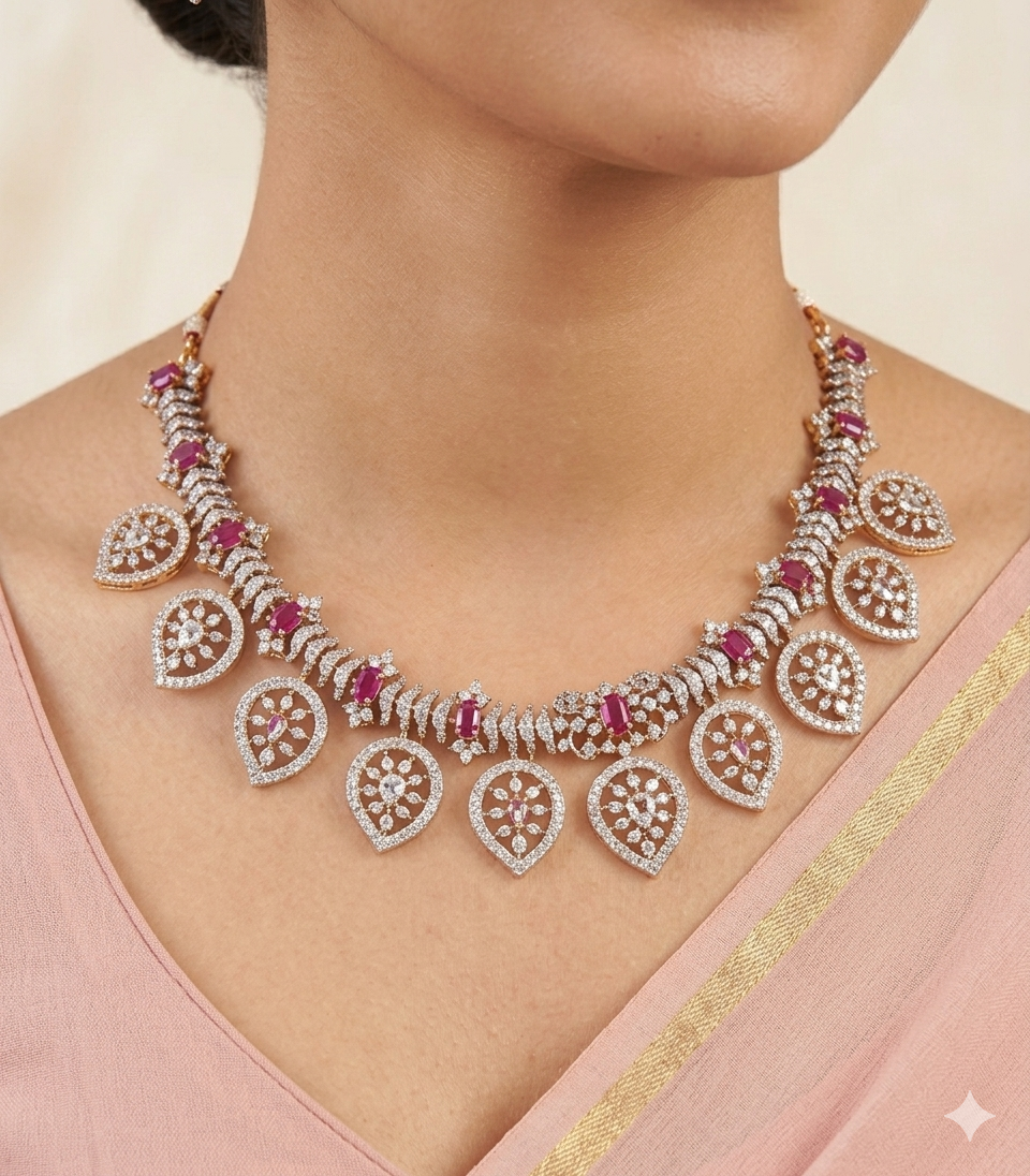 Royal Diamond Finish Statement Necklace Set – Heritage Elegance Collection