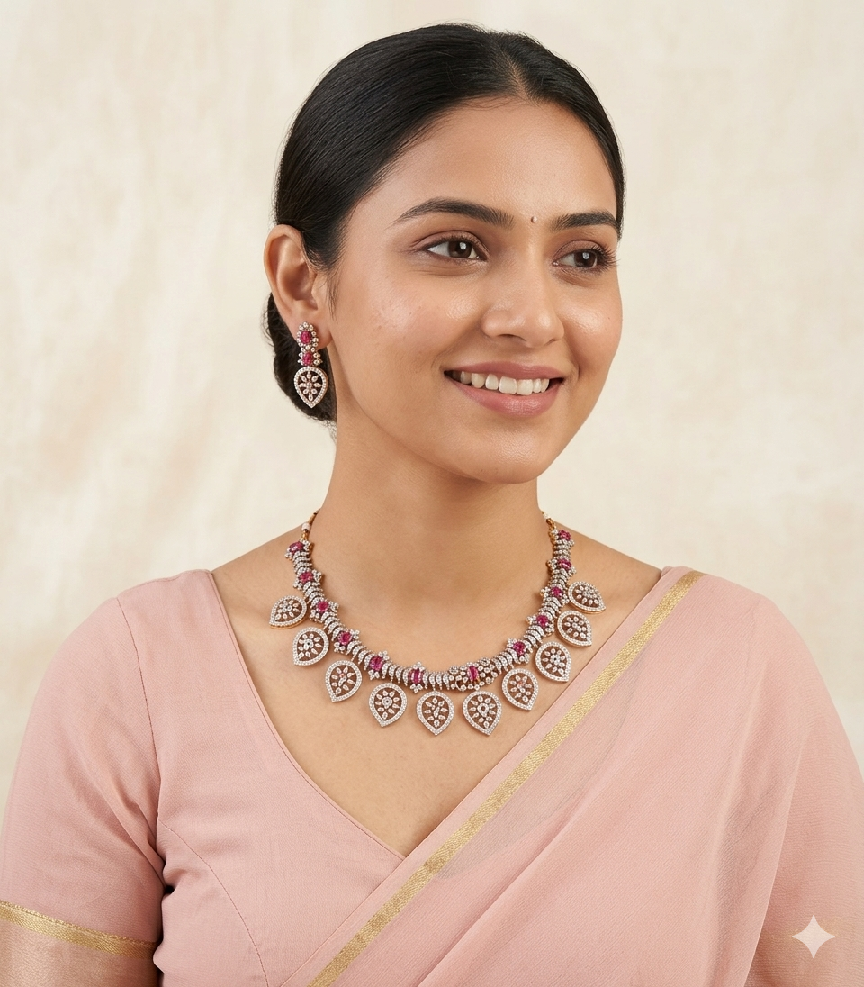 Royal Diamond Finish Statement Necklace Set – Heritage Elegance Collection