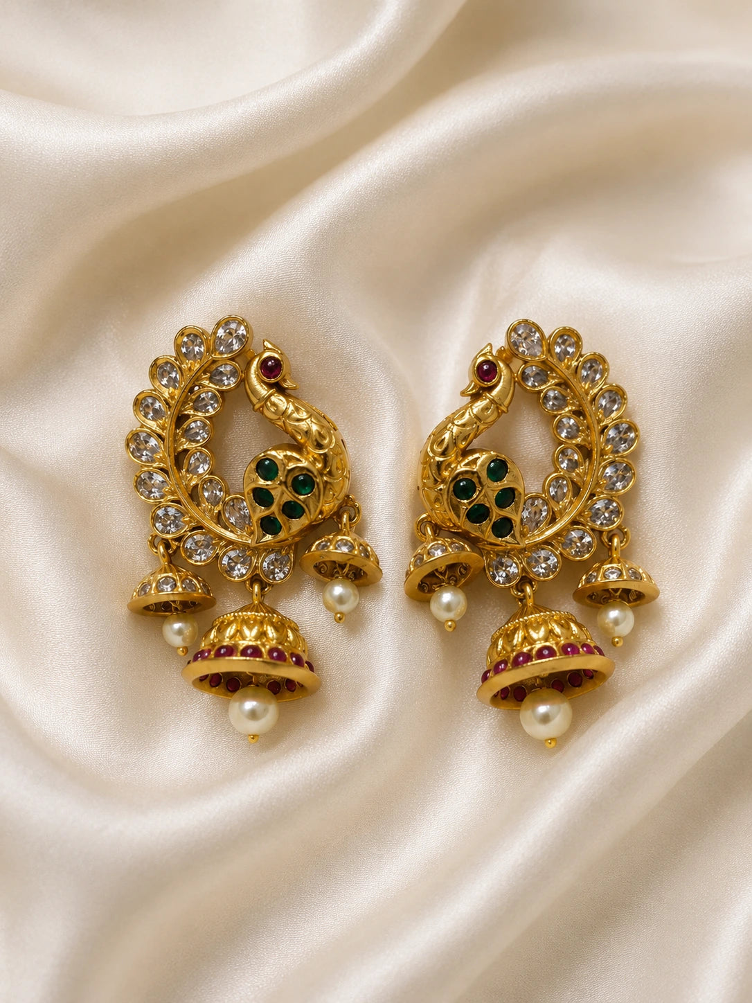 Peacock Design Antique Gold Chandbali Jhumka Earrings with Stone Work
