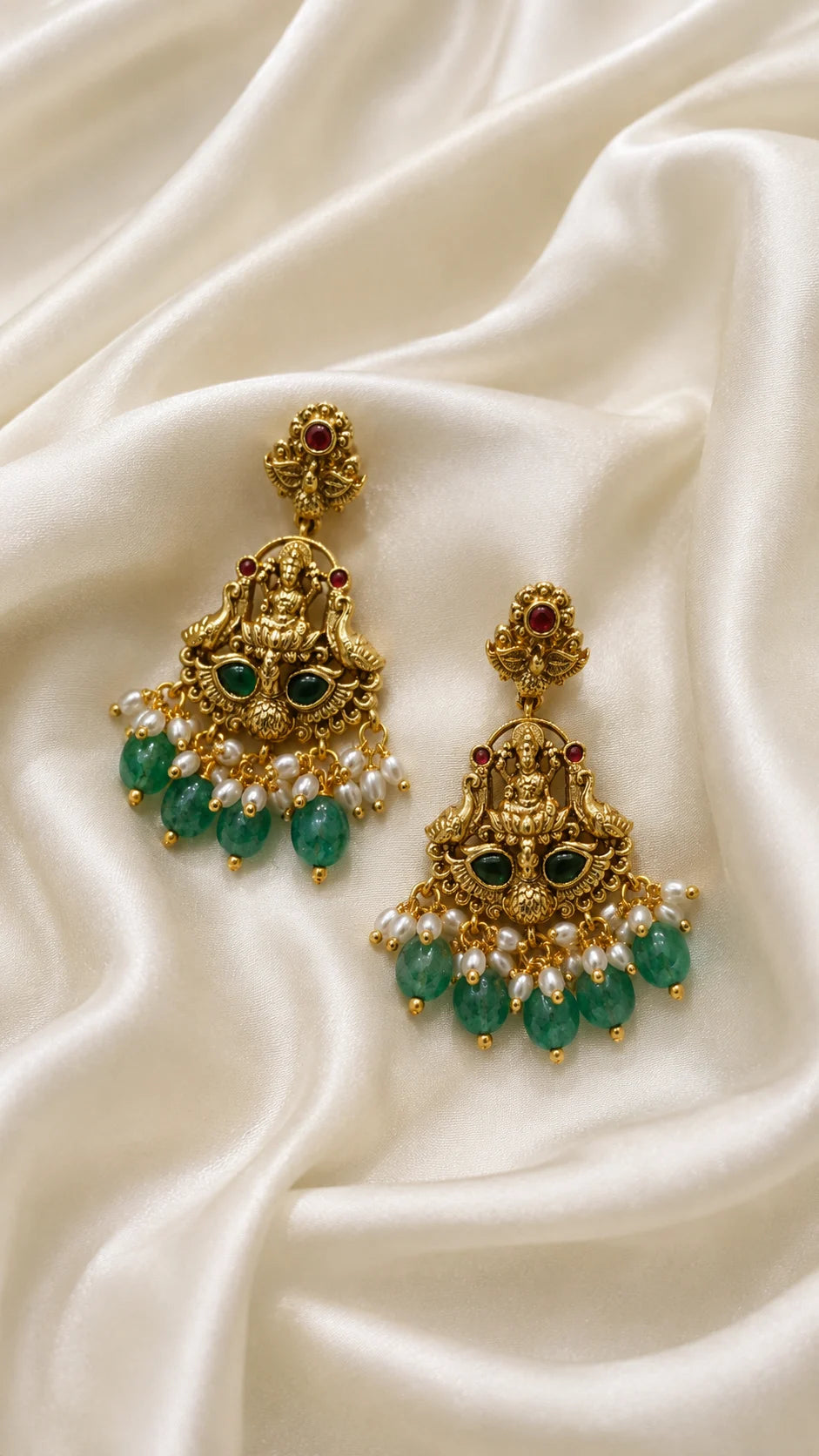 Goddess Lakshmi Gold Chandbali Earrings with Bead Drops