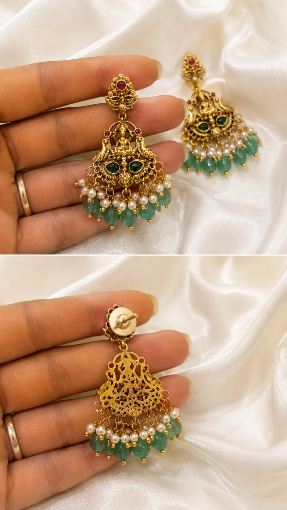 Goddess Lakshmi Gold Chandbali Earrings with Bead Drops