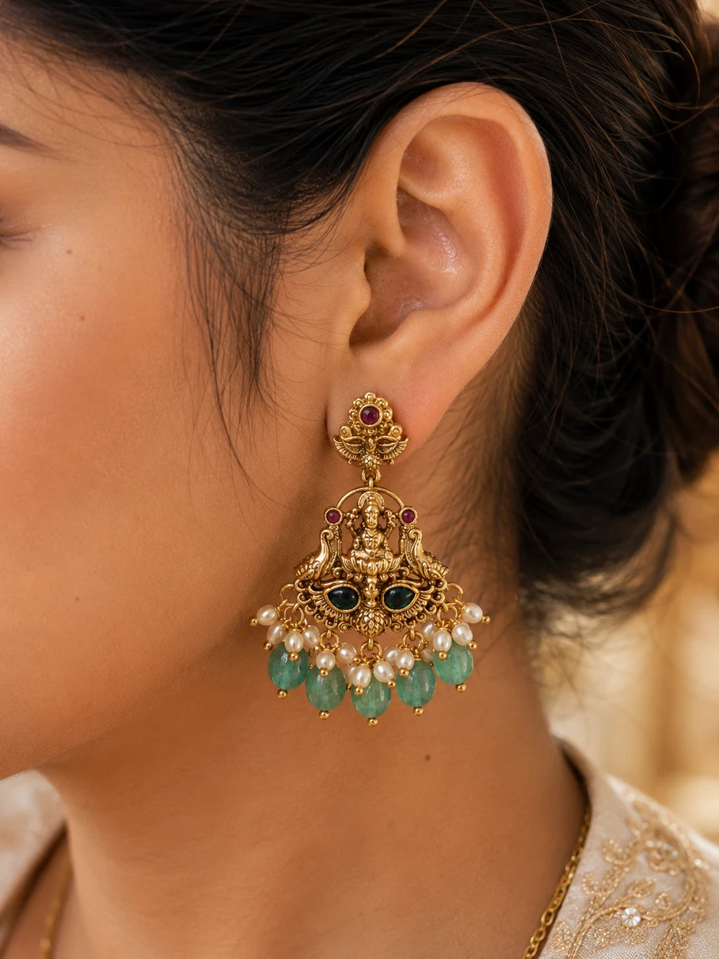 Goddess Lakshmi Gold Chandbali Earrings with Bead Drops