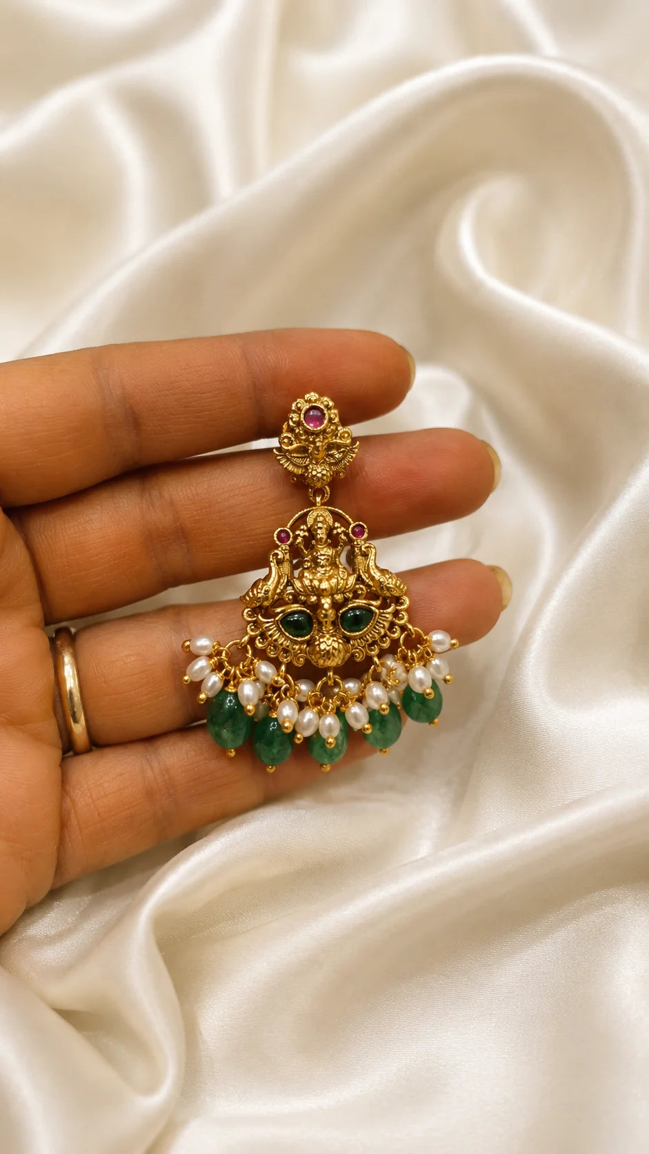 Goddess Lakshmi Gold Chandbali Earrings with Bead Drops