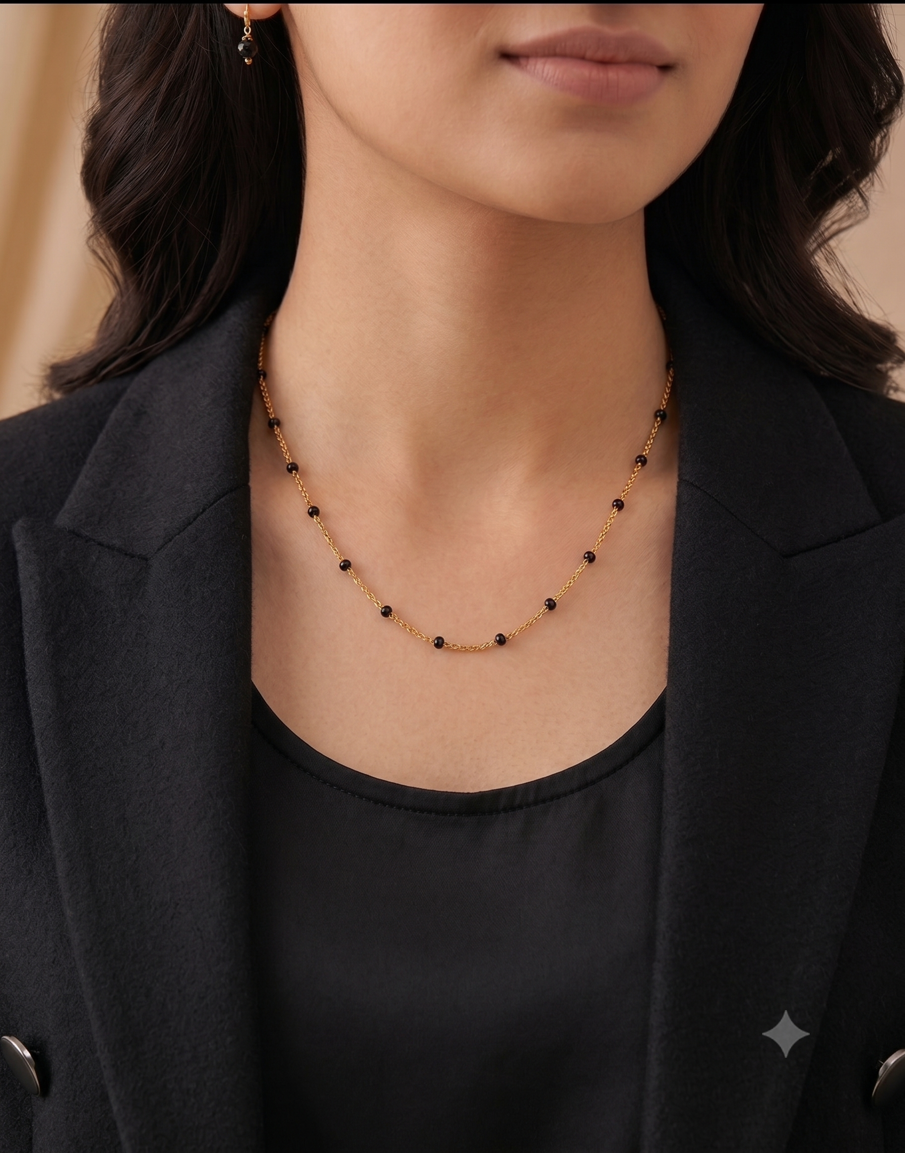 Minimalist Black Bead Station Mangalsutra | Delicate Gold Chain, No Pendant