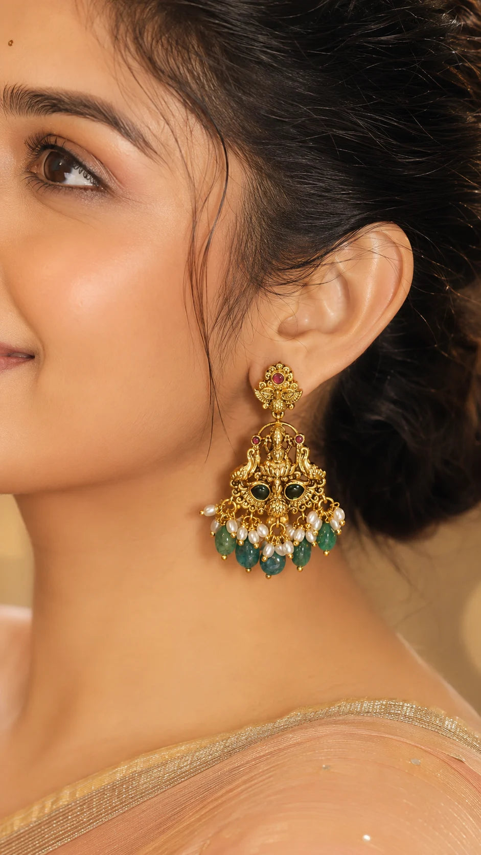 Goddess Lakshmi Gold Chandbali Earrings with Bead Drops
